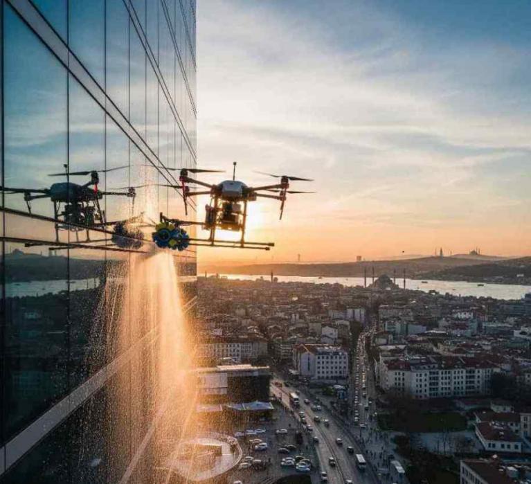 İstanbul'da dronla dış cephe yıkama çalışmaları