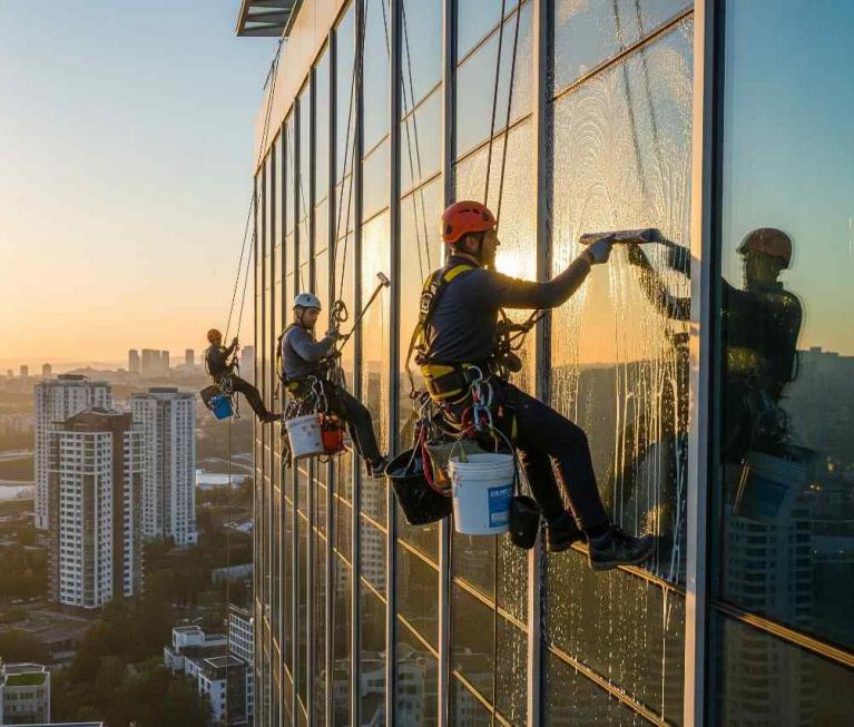 İple erişim yöntemi ile Bahçeşehir dış cephe cam temizliği