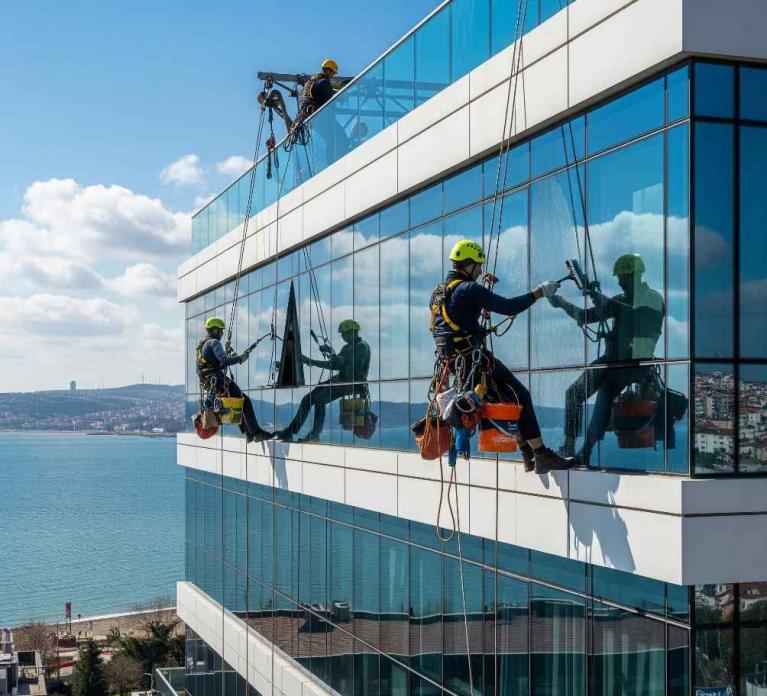 İple erişim yöntemi ile Büyükçekmece dış cephe cam temizliği