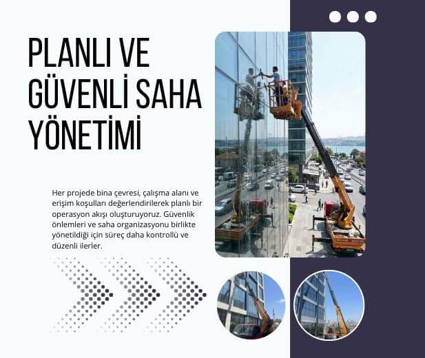 Bina çevresi ve çalışma alanı koşullarına göre planlanan güvenli saha organizasyonunu gösteren uygulama görseli